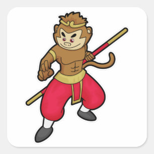 Monkey as Warrior with Staff & Headband Square Sticker