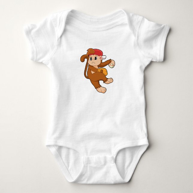 Monkey at Baseball with Baseball glove Baby Bodysuit (Front)