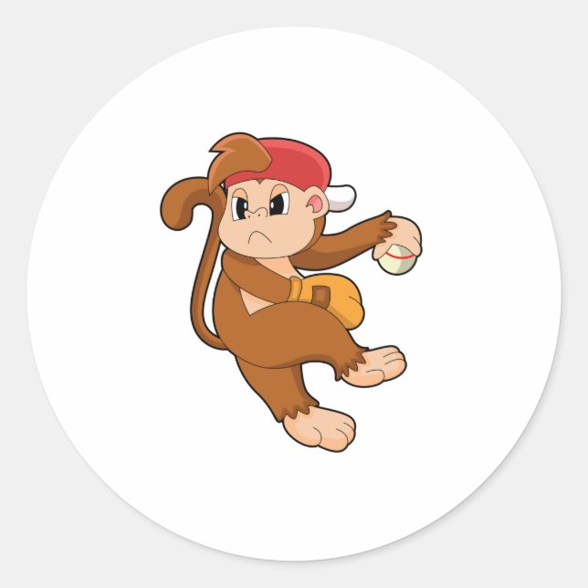 Monkey at Baseball with Baseball glove Classic Round Sticker (Front)