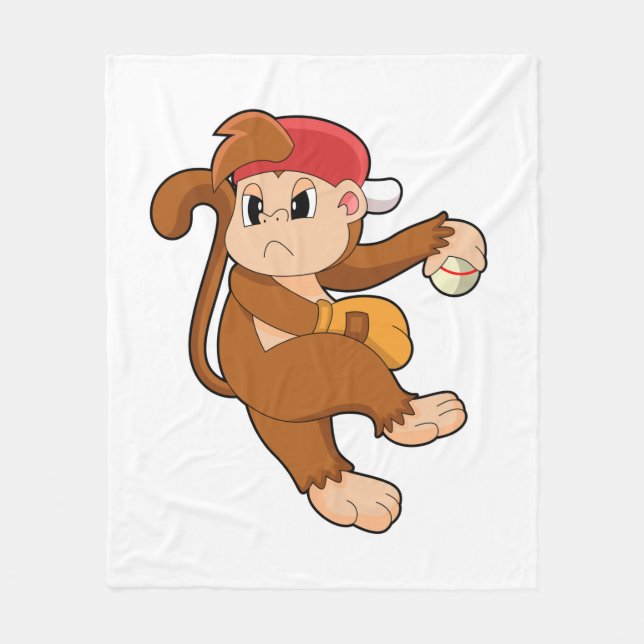Monkey at Baseball with Baseball glove Fleece Blanket (Front)