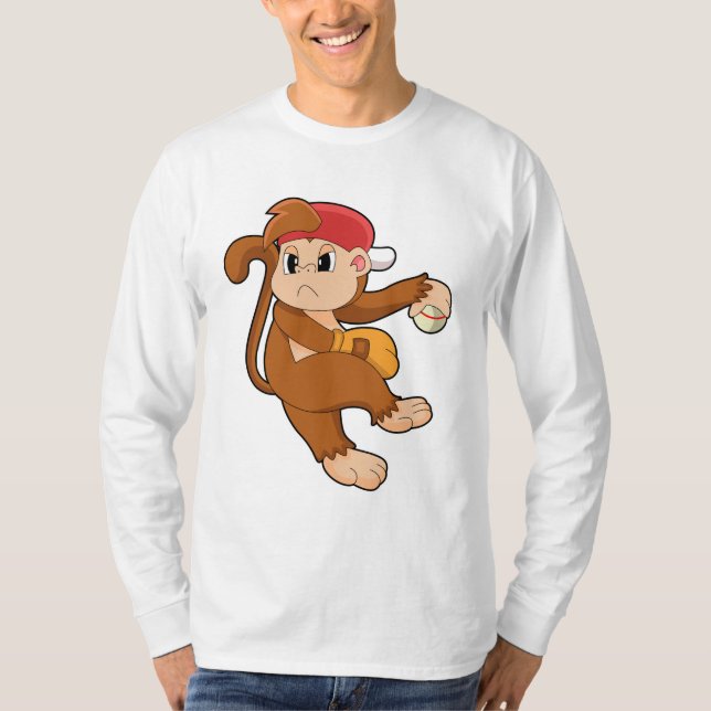 Monkey at Baseball with Baseball glove T-Shirt (Front)