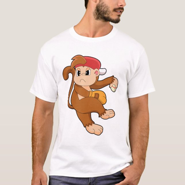 Monkey at Baseball with Baseball glove T-Shirt (Front)
