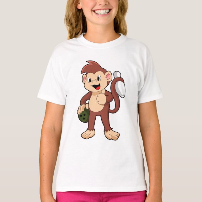 Monkey at Bowling with Bowling ball T-Shirt (Front)