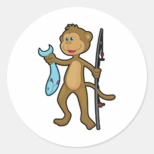 Monkey at Fishing with Fishing rod & Fish Classic Round Sticker