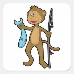 Monkey at Fishing with Fishing rod & Fish Square Sticker
