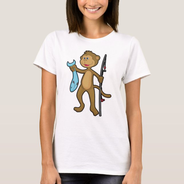 Monkey at Fishing with Fishing rod & Fish T-Shirt (Front)