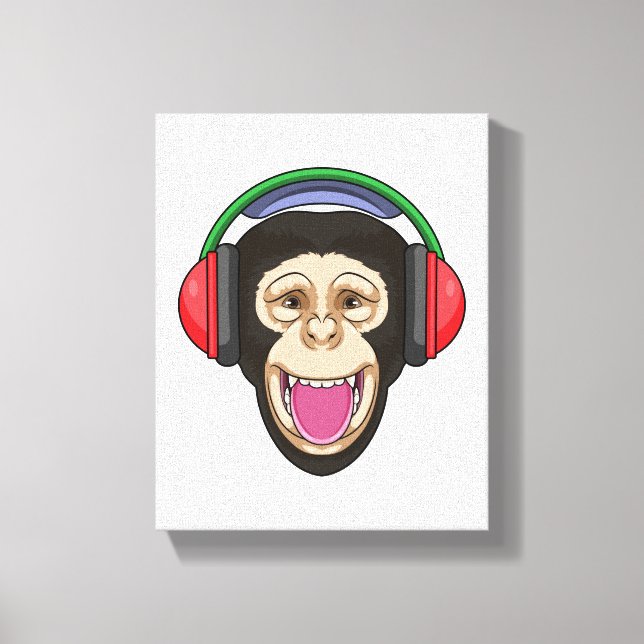 Monkey at Music with Headphone Canvas Print (Front)
