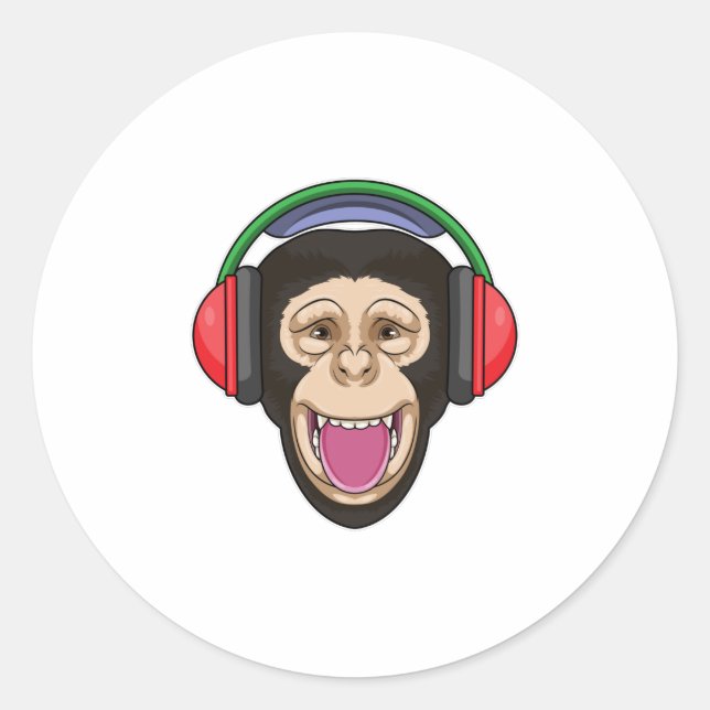 Monkey at Music with Headphone Classic Round Sticker (Front)