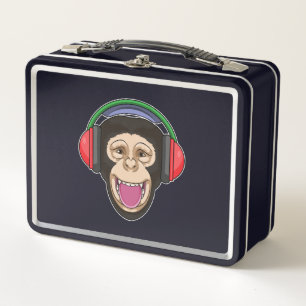 Monkey at Music with Headphone Metal Lunch Box