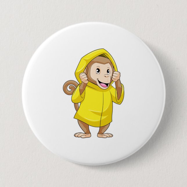 Monkey at Raining with Raincoat 7.5 Cm Round Badge (Front)