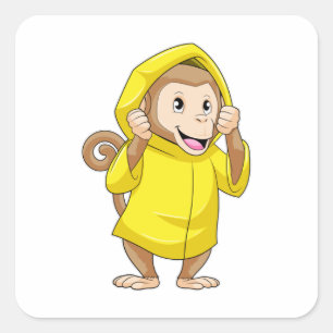 Monkey at Raining with Raincoat Square Sticker