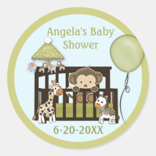 Monkey Baby Shower blank labels/seals CA-Blue #01 Classic Round Sticker