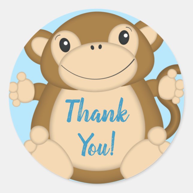 Monkey Baby Shower Blue Classic Round Sticker (Front)