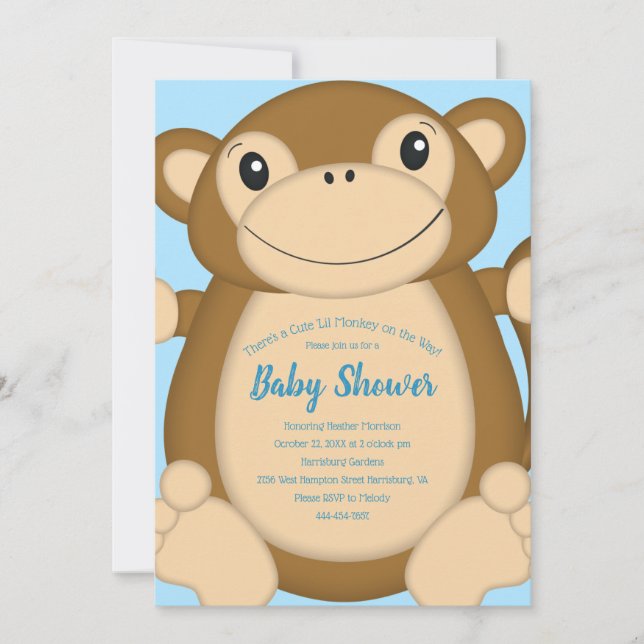 Monkey Baby Shower Blue Invitation (Front)