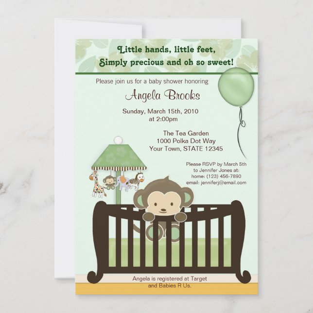Monkey Baby Shower Invitation CJ GREEN (Front)