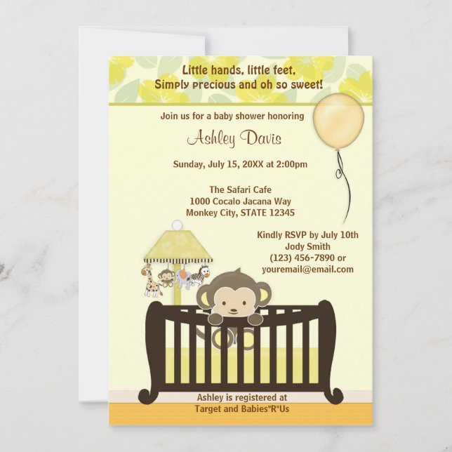 Monkey Baby Shower Invitation Crib YELLOW CJ-Y (Front)