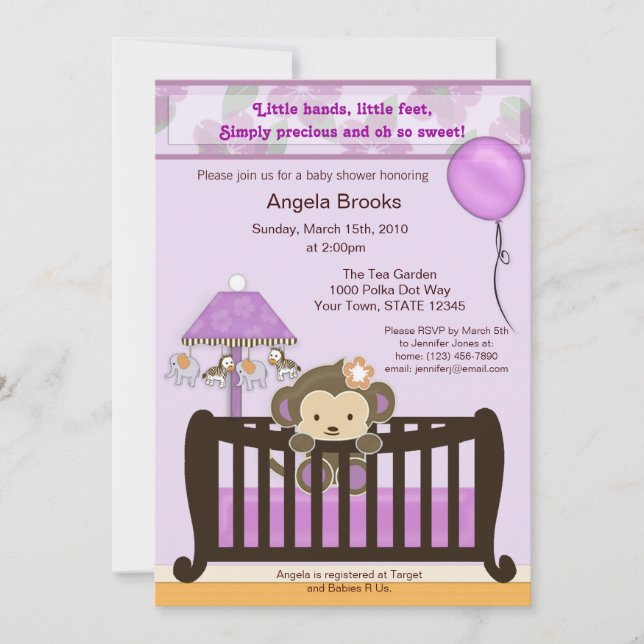 Monkey Baby Shower Invitation Lavender CJL (Front)