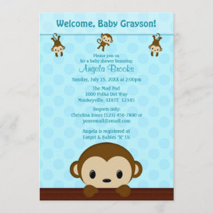 MONKEY Baby Shower invitation Polka Dot BLUE MPP3