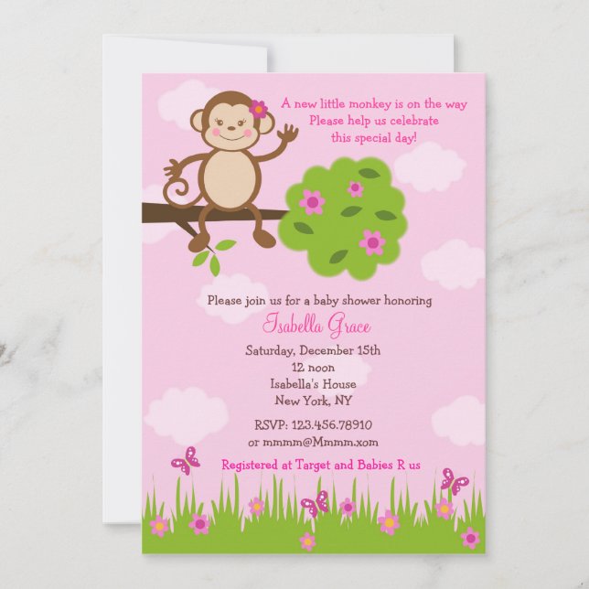 Monkey Baby Shower Invitations Girl (Front)