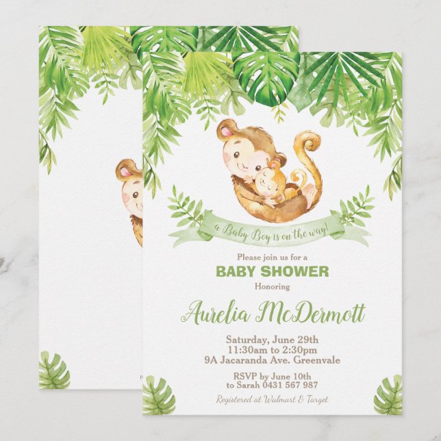 Monkey Baby Shower Jungle Animals Baby Boy Invitation (Front/Back)