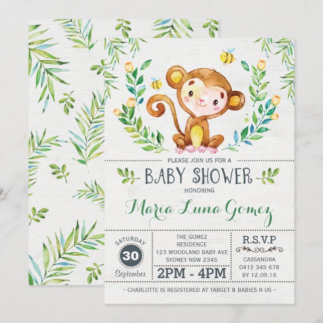 Monkey Baby Shower Jungle Baby Boy Invitation (Front/Back)