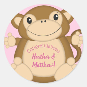 Monkey Baby Shower Pink Classic Round Sticker