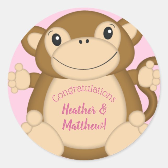 Monkey Baby Shower Pink Classic Round Sticker (Front)