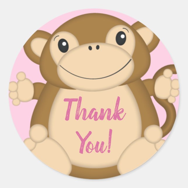 Monkey Baby Shower Pink Classic Round Sticker (Front)