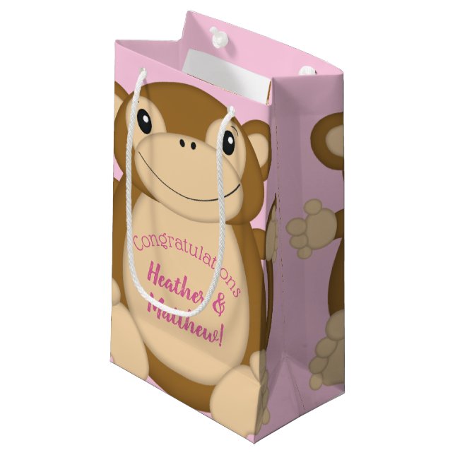 Monkey Baby Shower Pink Small Gift Bag (Front Angled)