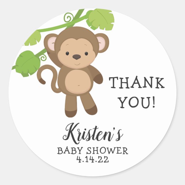 Monkey Baby Shower thank you favour sticker (Front)