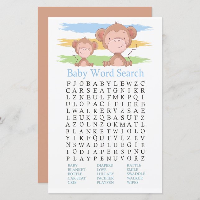 Monkey Baby Shower Word Search Game (Front/Back)