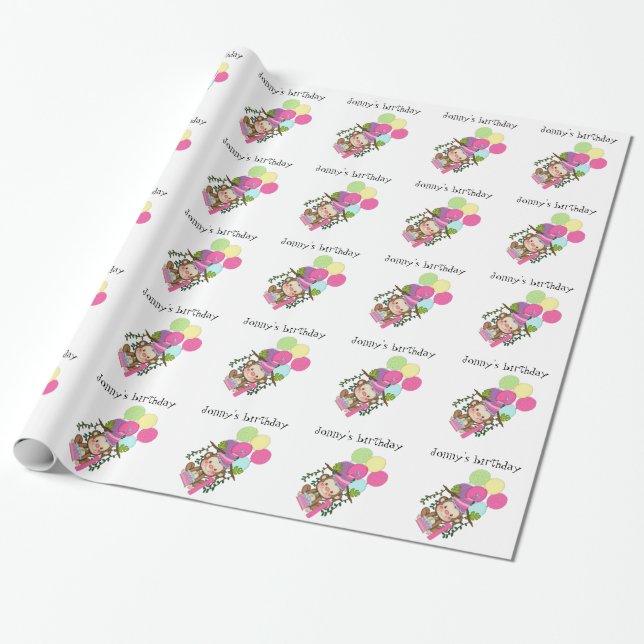 Monkey/Balloons/birthday cake-1 Year Old/Name Wrapping Paper (Unrolled)