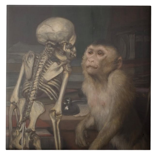 Monkey Before a Skeleton (by Gabriel von Max) Tile (Front)