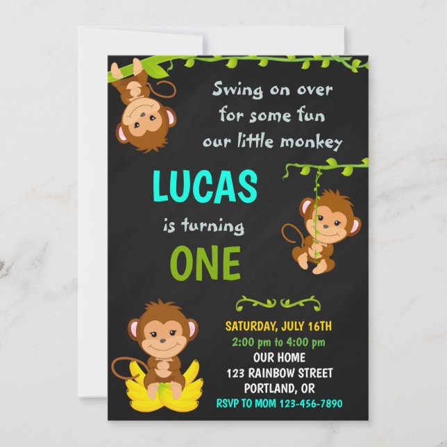 Monkey birthday invitation Boy 1st birthday party (Front)
