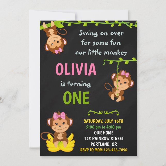 Monkey birthday invitation Girl 1st birthday party (Front)
