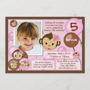 Monkey birthday invitation pink brown (photo)