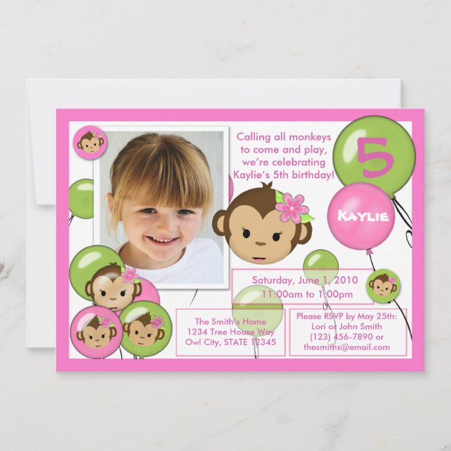Monkey birthday invitation pink green lime (photo) (Front)