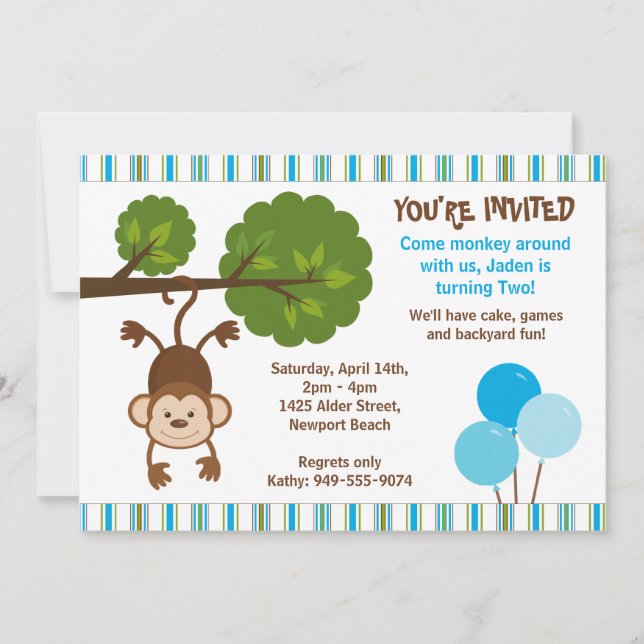 Monkey Birthday Invitation with Matching Envelope (Front)