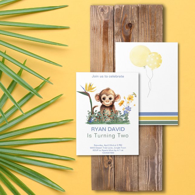 Monkey Birthday Party Invitation (Safari Jungle Monkey Tropical Flowers Watercolor Balloons Green Yellow Blue Birthday Invitation)