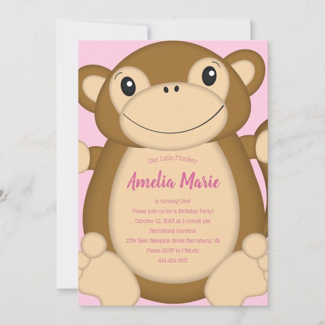 Monkey Birthday Party Pink Invitation (Front)