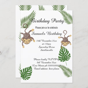 MONKEY BOTANICAL GREEN FERN CHILDRENS BIRTHDAY INVITATION