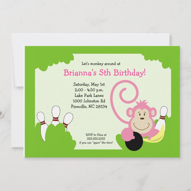 Monkey Bowl Bowling Party Birthday 5x7 Invitation (Front)
