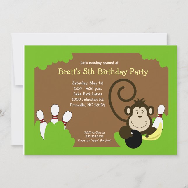 Monkey Bowl Bowling Party Birthday 5x7 Invitation (Front)