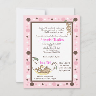 Monkey Business 4x5 Pink Dot Baby Shower Invite