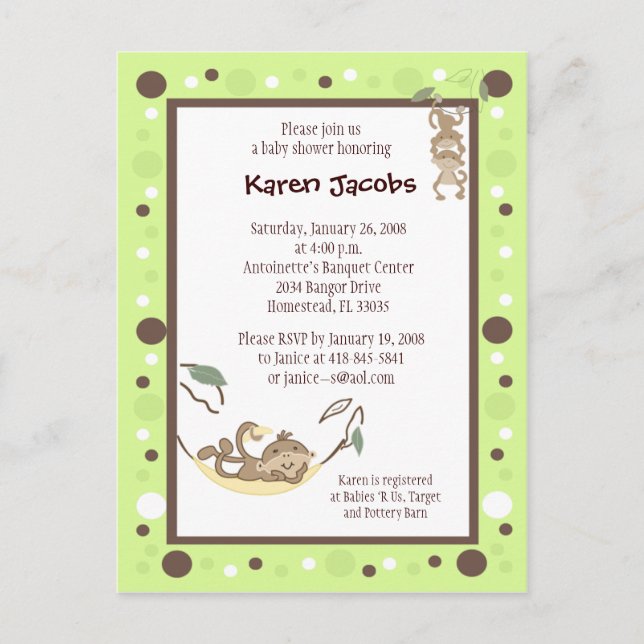 Monkey Business Green and Brown dot invitation Postcard (Front)
