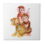 Monkey Business Tile<br><div class="desc">Abstract drawing of three monkeys. The monkey on the top is pointing towards a butterfly. This was coloured with watercolor.</div>