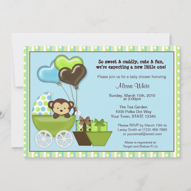 Monkey Carriage Baby Shower Invitation BLUE GREEN (Front)