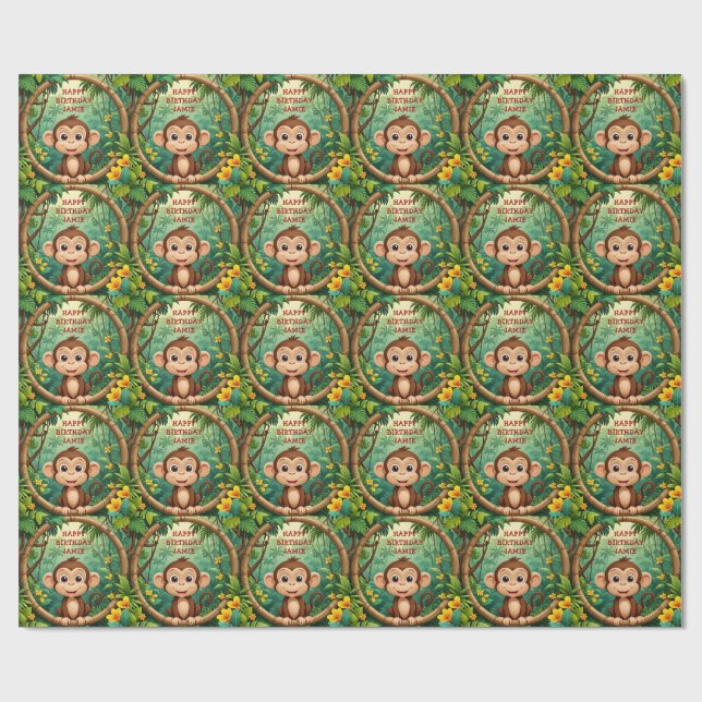 "Monkey Cartoon Party – Custom Text Kids" Wrapping Paper (Flat)