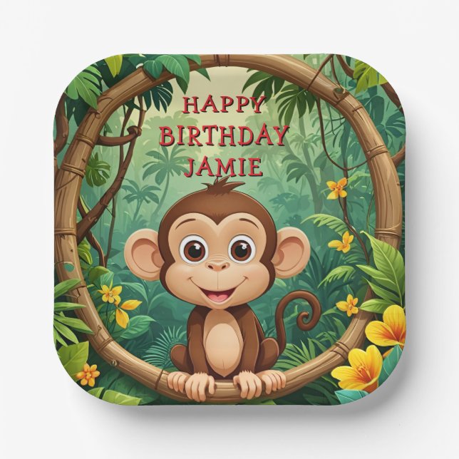 "Monkey Cartoon Party Plate – Custom Text Kids" (Front)