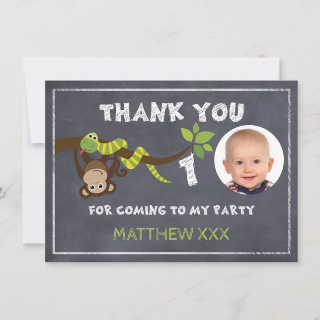 Monkey Chalkboard 1st Birthday Thank You Card (Front)